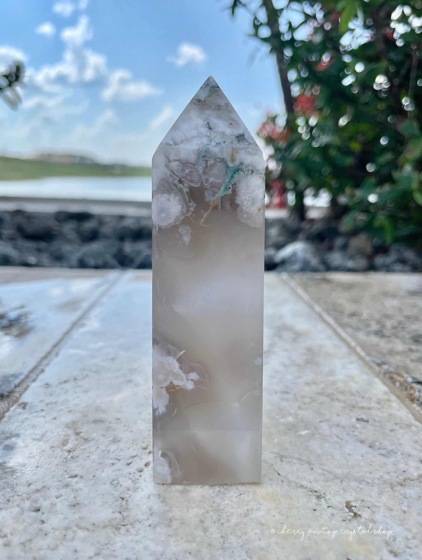 Taupe & Mint Flower Agate Tower