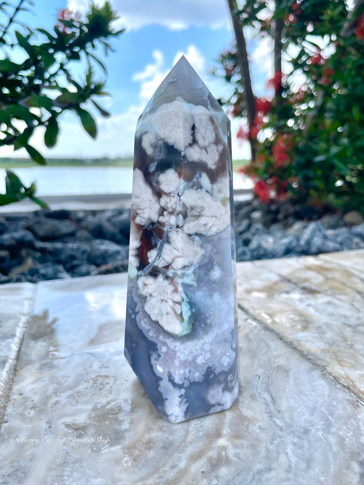 Tranquil Waters Blue Flower Agate Tower