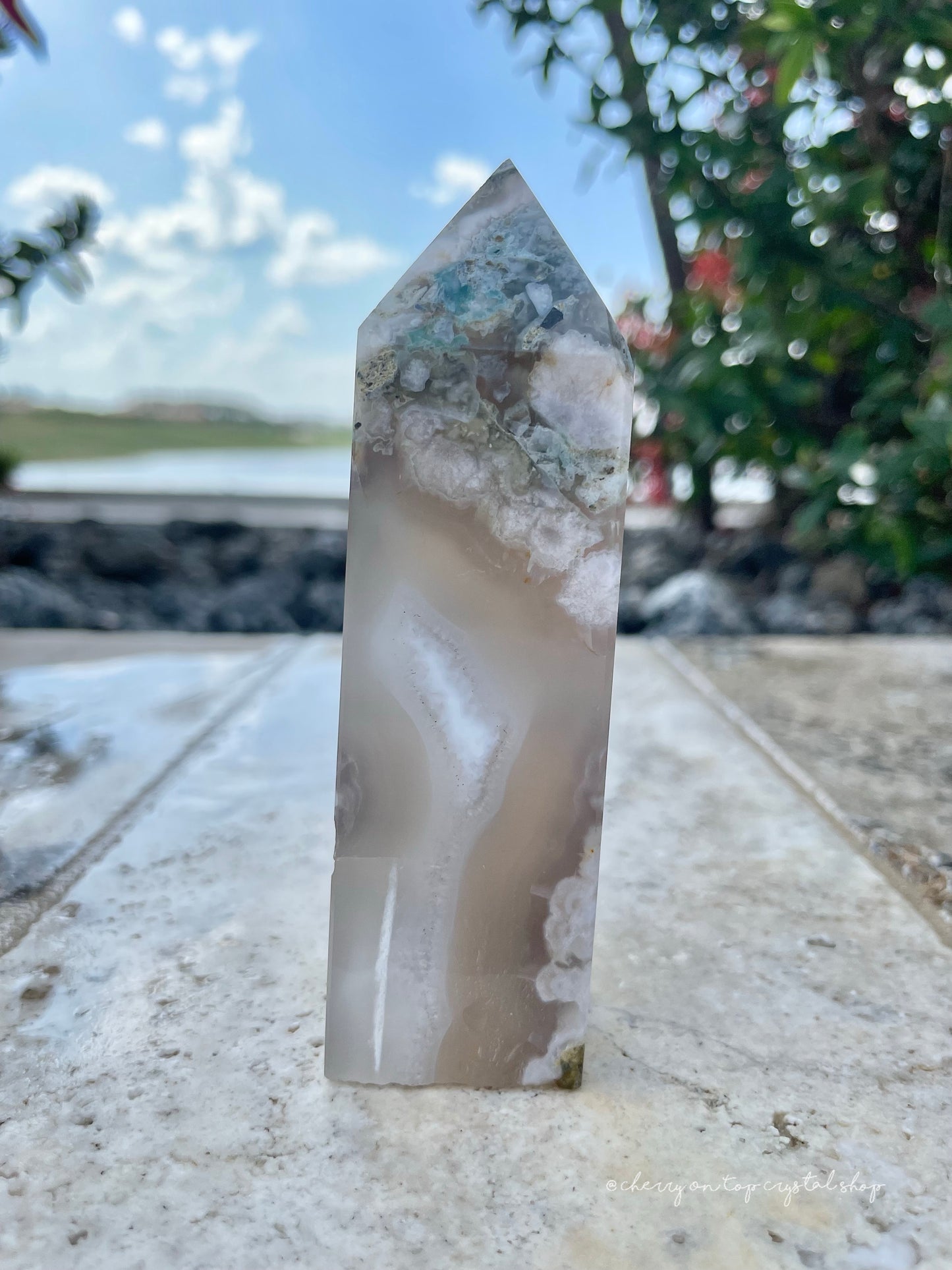 Taupe & Mint Flower Agate Tower