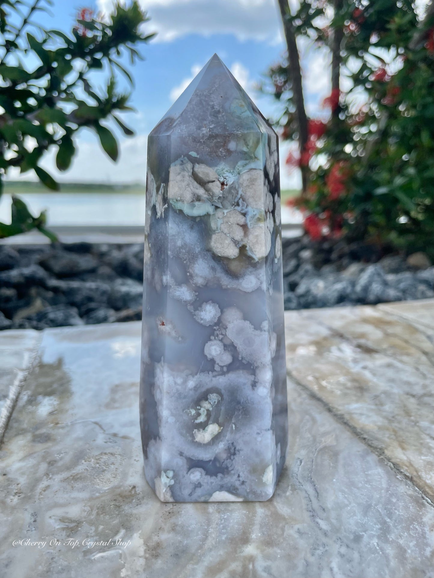 Tranquil Waters Blue Flower Agate Tower