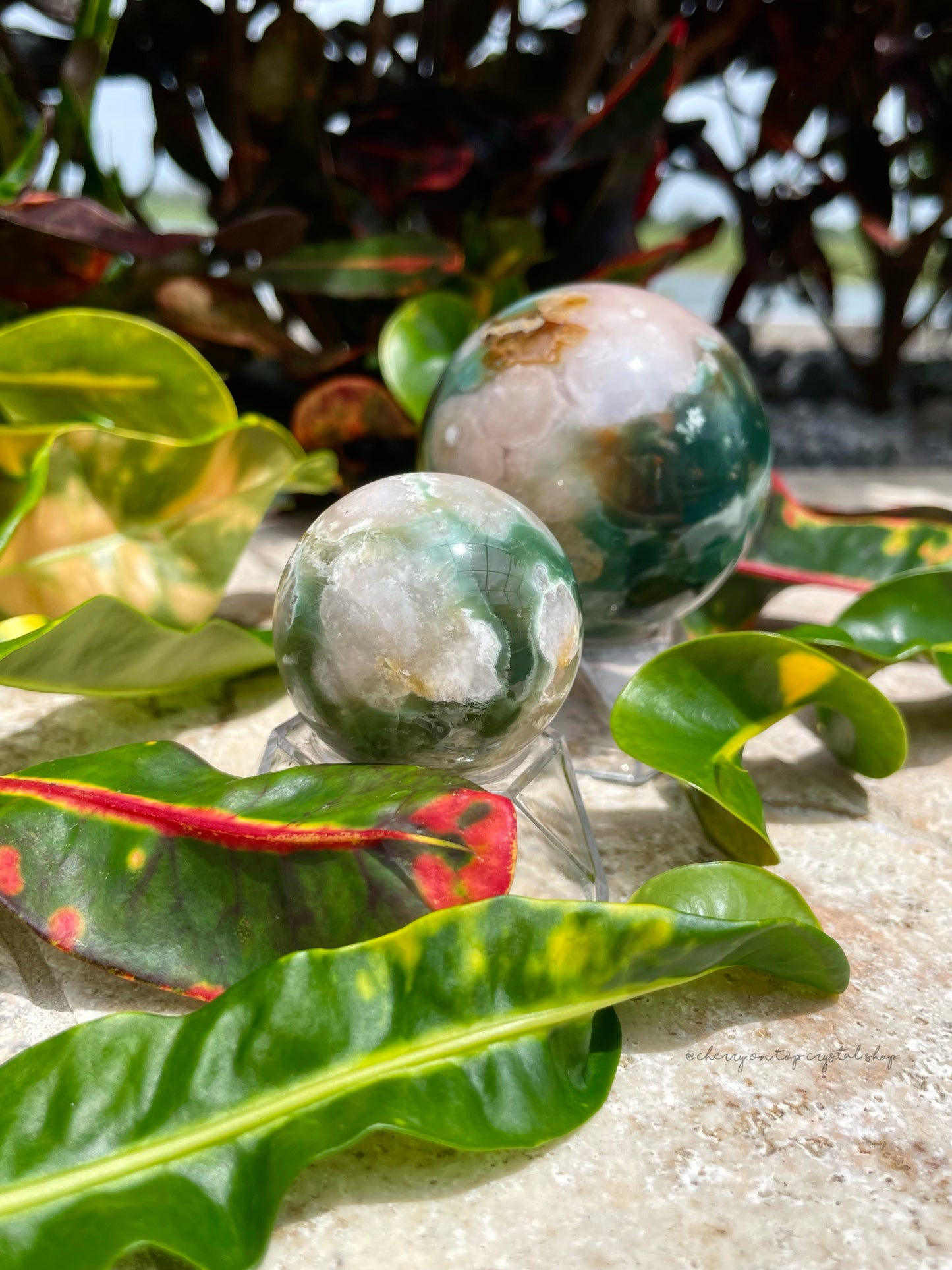 Green Flower Agate Spheres Set