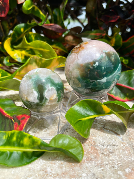 Green Flower Agate Spheres Set