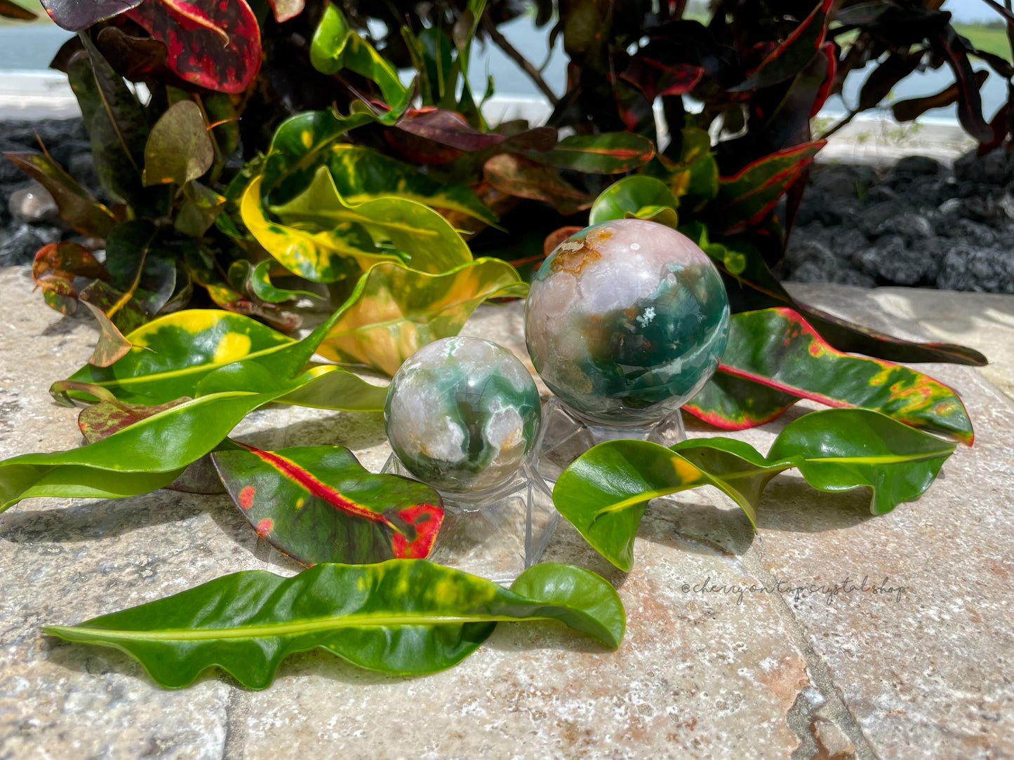 Green Flower Agate Spheres Set