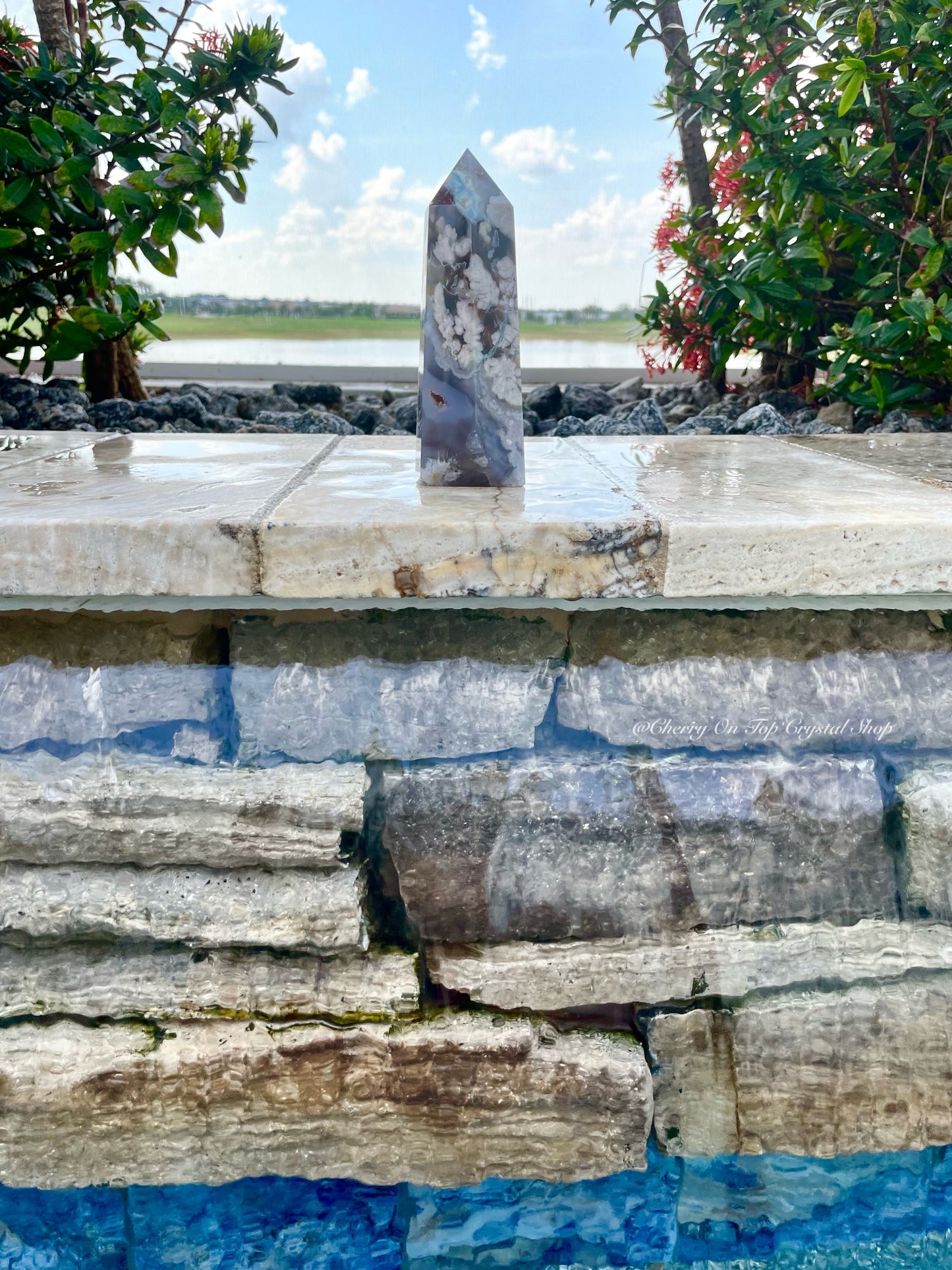 Tranquil Waters Blue Flower Agate Tower