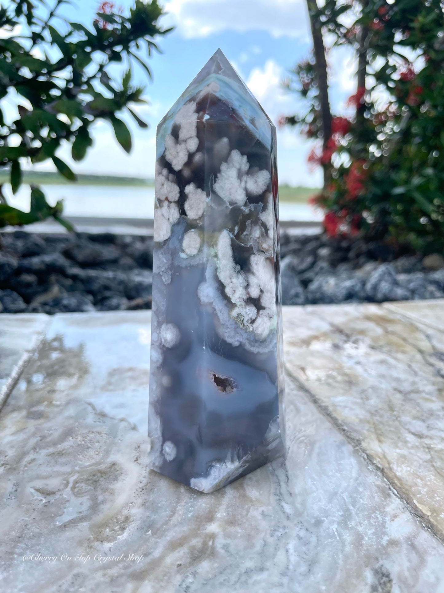 Tranquil Waters Blue Flower Agate Tower