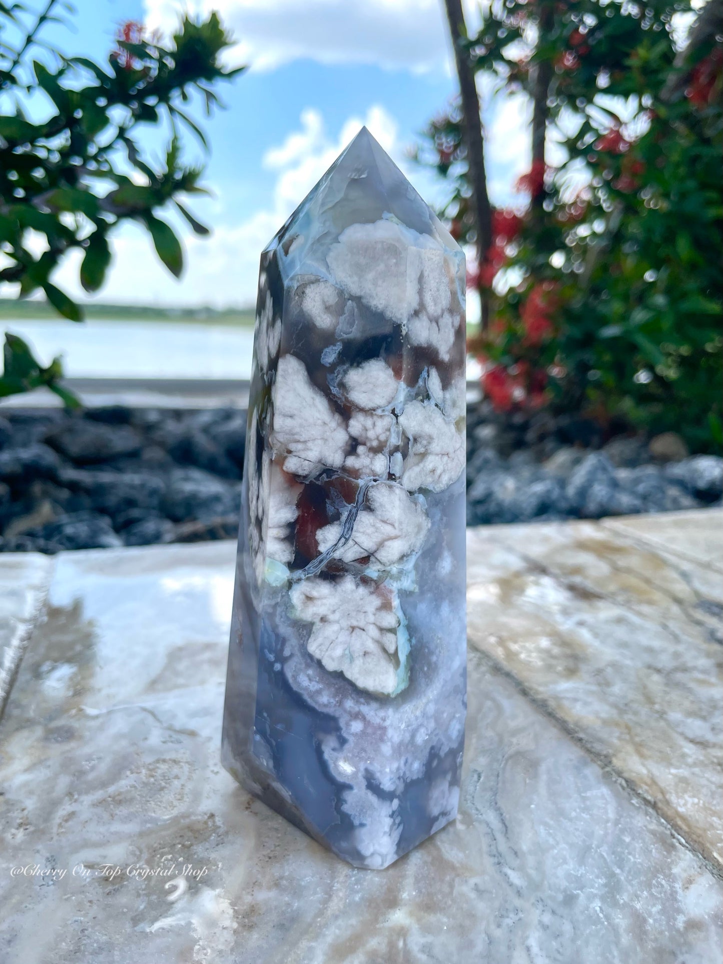 Tranquil Waters Blue Flower Agate Tower