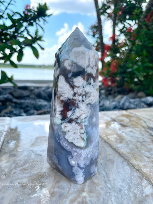 Tranquil Waters Blue Flower Agate Tower
