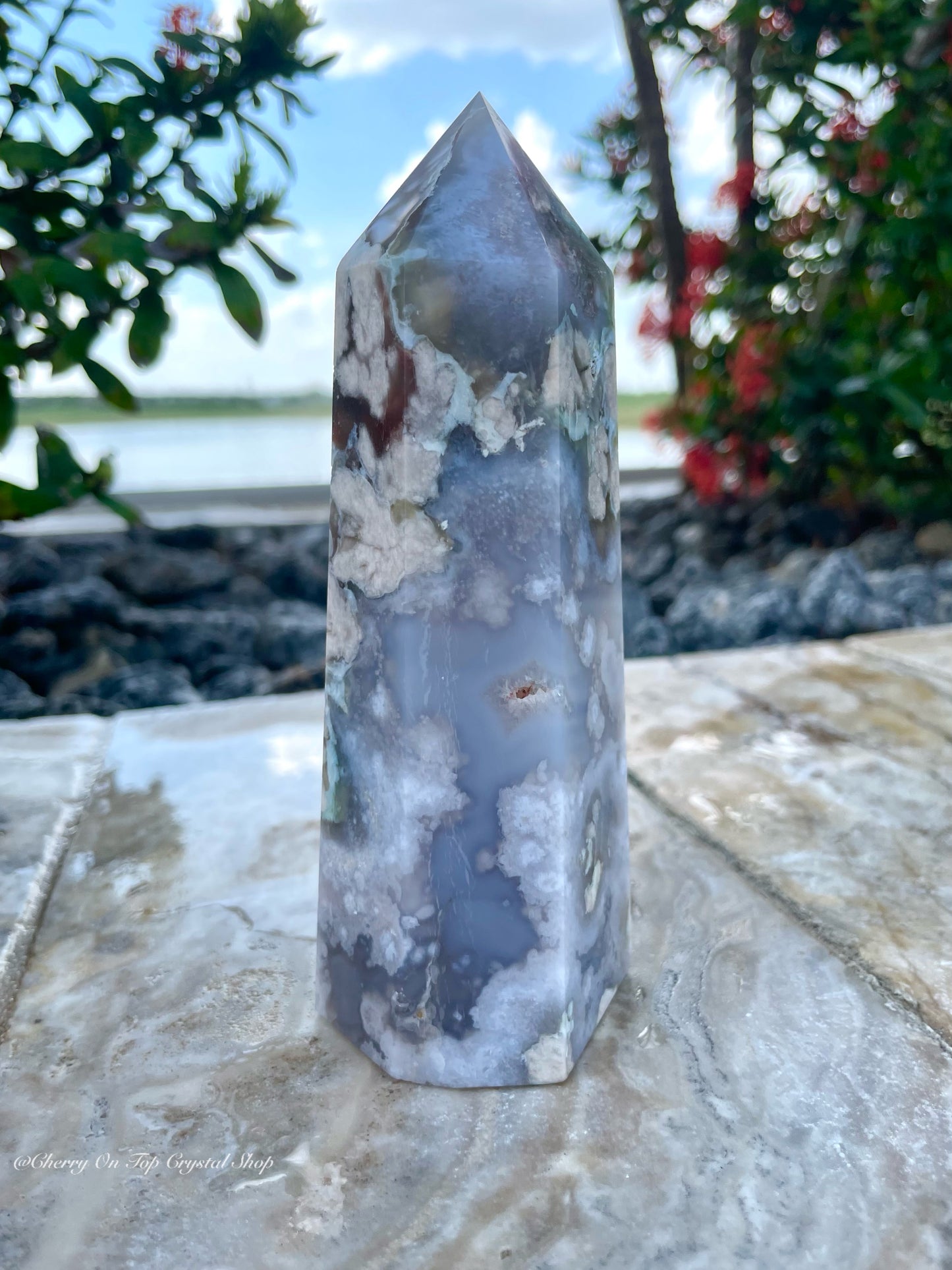 Tranquil Waters Blue Flower Agate Tower