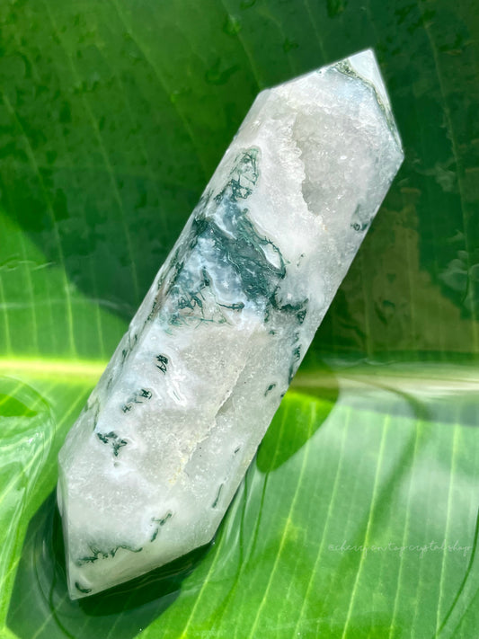 Moss Agate White Druzy Double Terminated DT Point